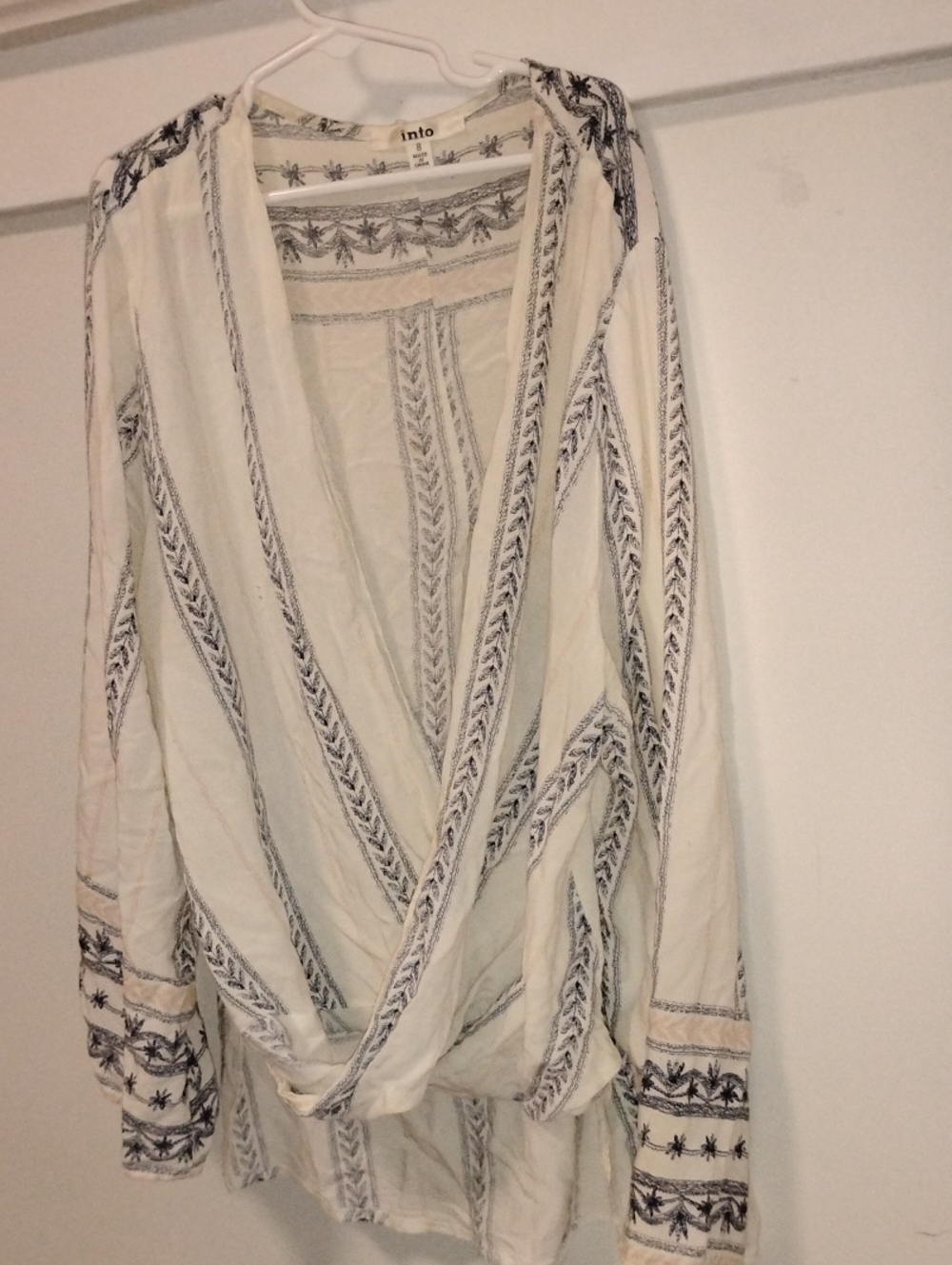 LF Cream Boho Wrap Tunic with Black Embroidery